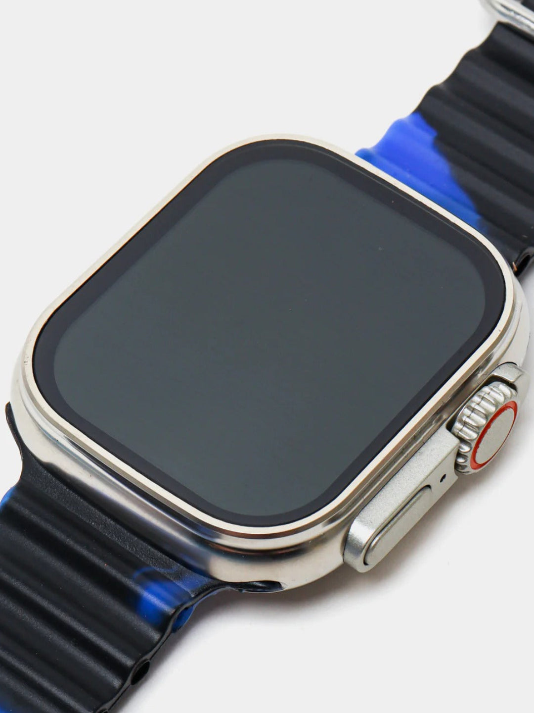 Smartwatch with a blue and black band on a light gray background